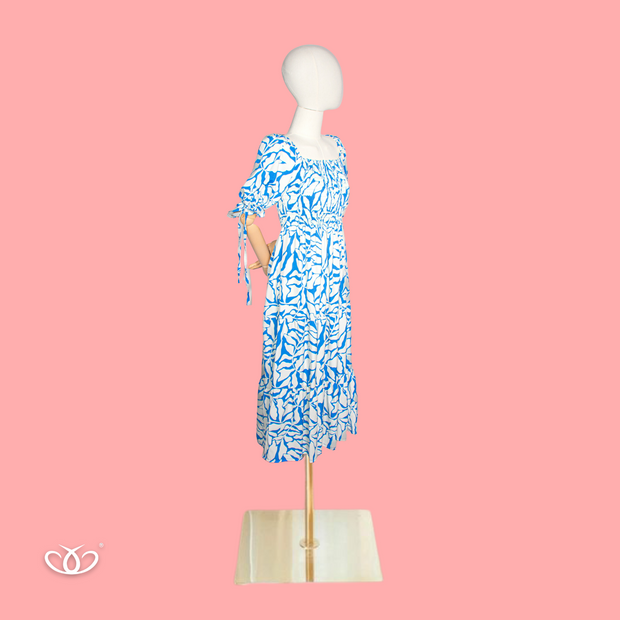 VESTIDO BLANCO FLORES AZUL