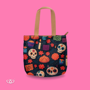 BOLSO TOTEM ILUSTRADO CALAVERAS Y PAN DE MUERTO