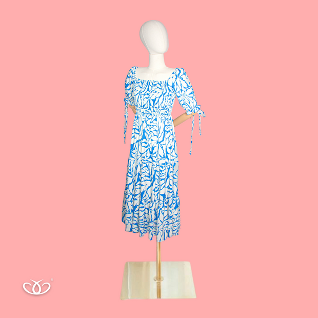 VESTIDO BLANCO FLORES AZUL