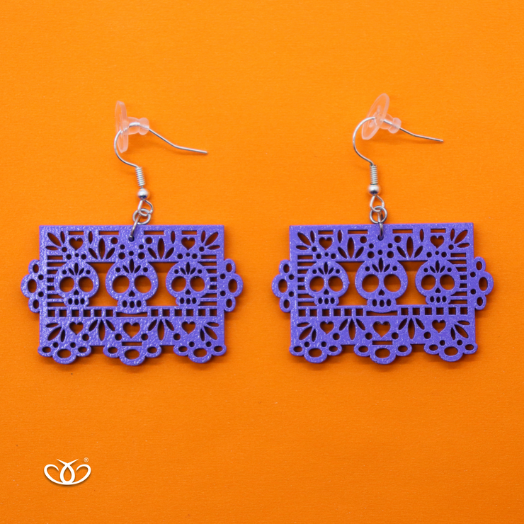 ARETE DE MADERA PAPEL PICADO CALAVERITAS MORADAS