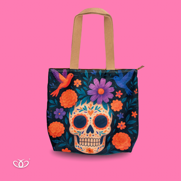 BOLSO TOTEM ILUSTRADO CALAVERA Y COLIBRIES