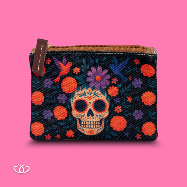 MONEDERO CON PIEL CALAVERA Y COLIBRIES