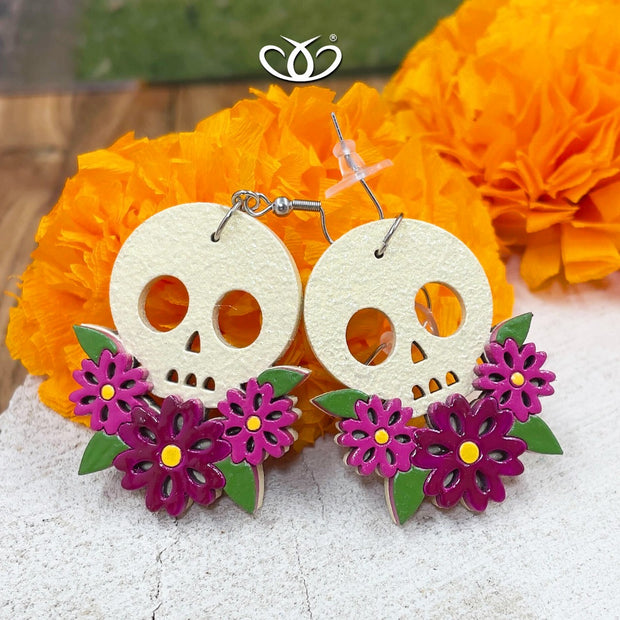 ARETE CALAVERA FLOR ROSA