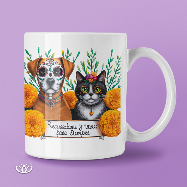 TAZA ILUSTRADA RECUÉRDAME Y VIVIRÉ  GATO & PERRO 300 ml