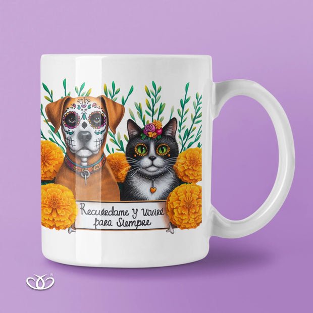 TAZA ILUSTRADA RECUÉRDAME Y VIVIRÉ  GATO & PERRO 300 ml