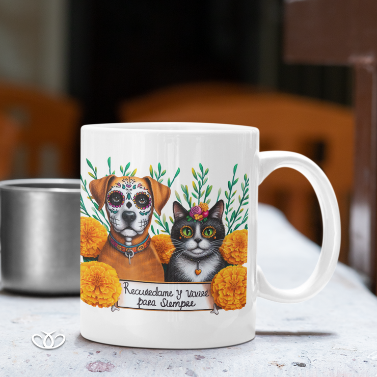 TAZA ILUSTRADA RECUÉRDAME Y VIVIRÉ  GATO & PERRO 300 ml